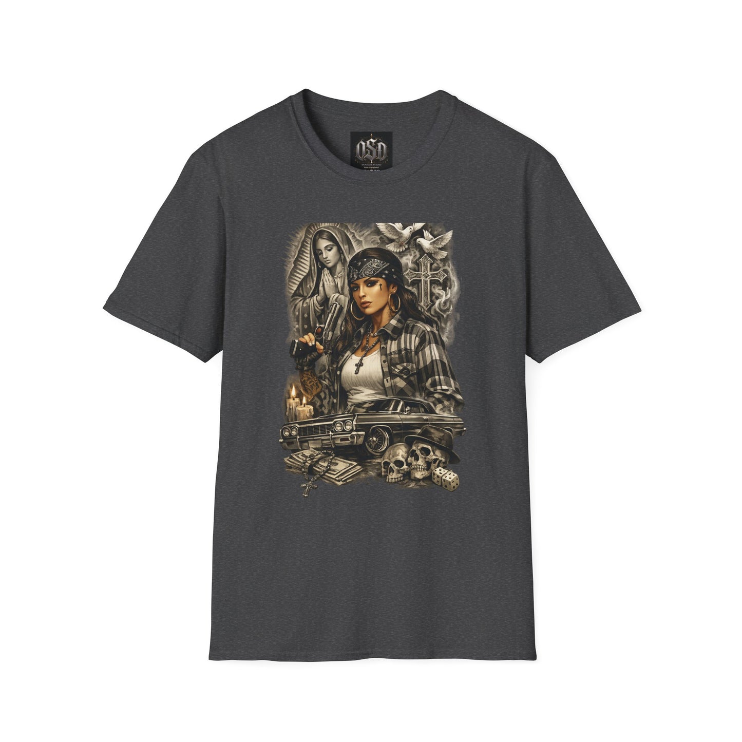 Chicana Lowrider Art T-Shirt – Virgen & Cholo Girl Vintage Streetwear