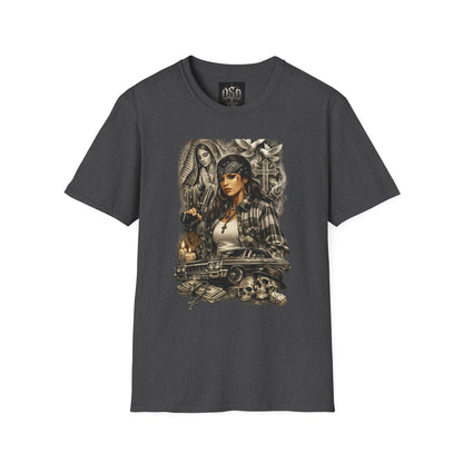 Chicana Lowrider Art T-Shirt – Virgen & Cholo Girl Vintage Streetwear