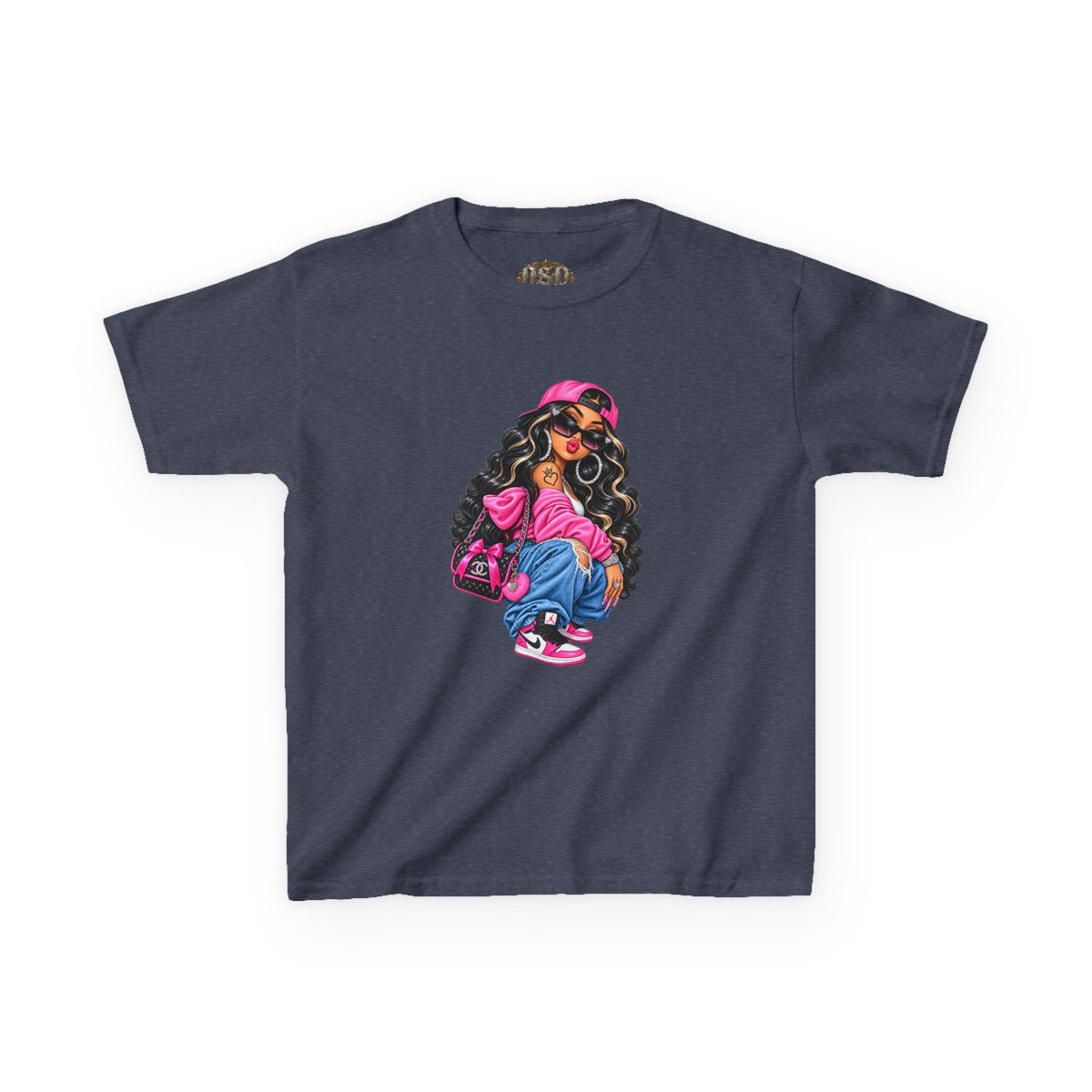 Kids Tee — Cool Girl Graphic Shirt (pink hat, backpack)