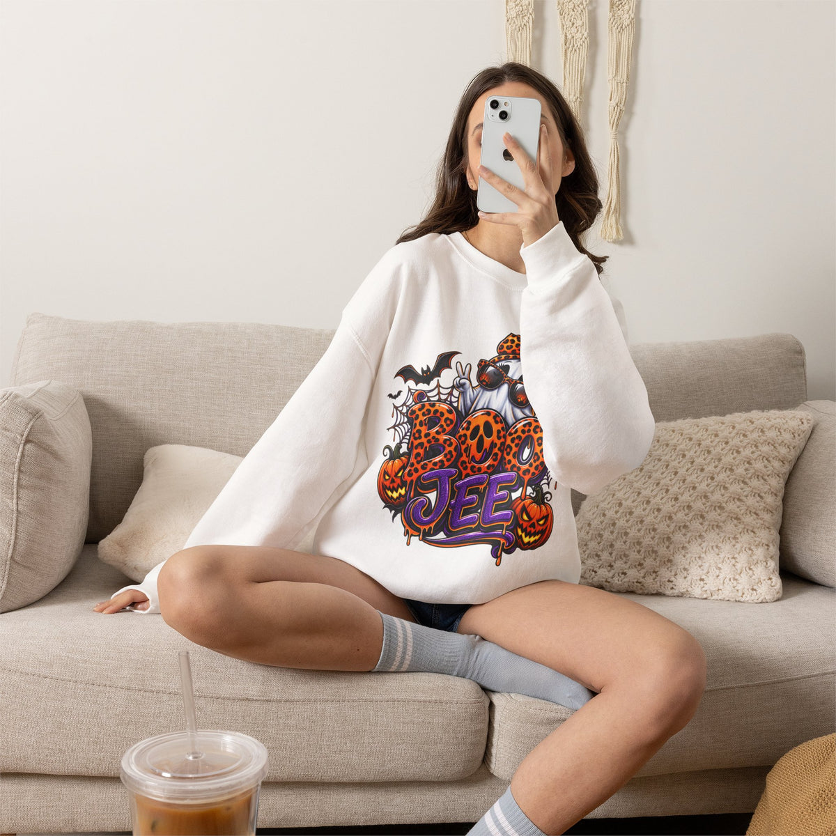 Halloween Ghost Crewneck Sweatshirt — 'Boo Jee' Leopard Pumpkin Graphic
