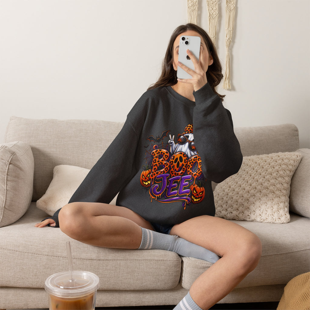 Halloween Ghost Crewneck Sweatshirt — 'Boo Jee' Leopard Pumpkin Graphic