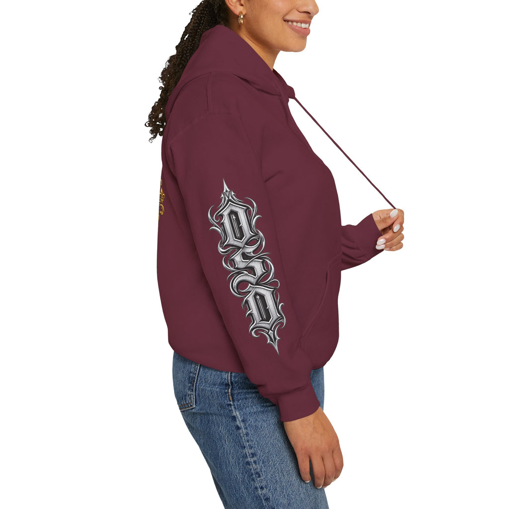 Hoodie — Ornate Gothic "OSD" Logo Sleeve & Back Streetwear Hoodie