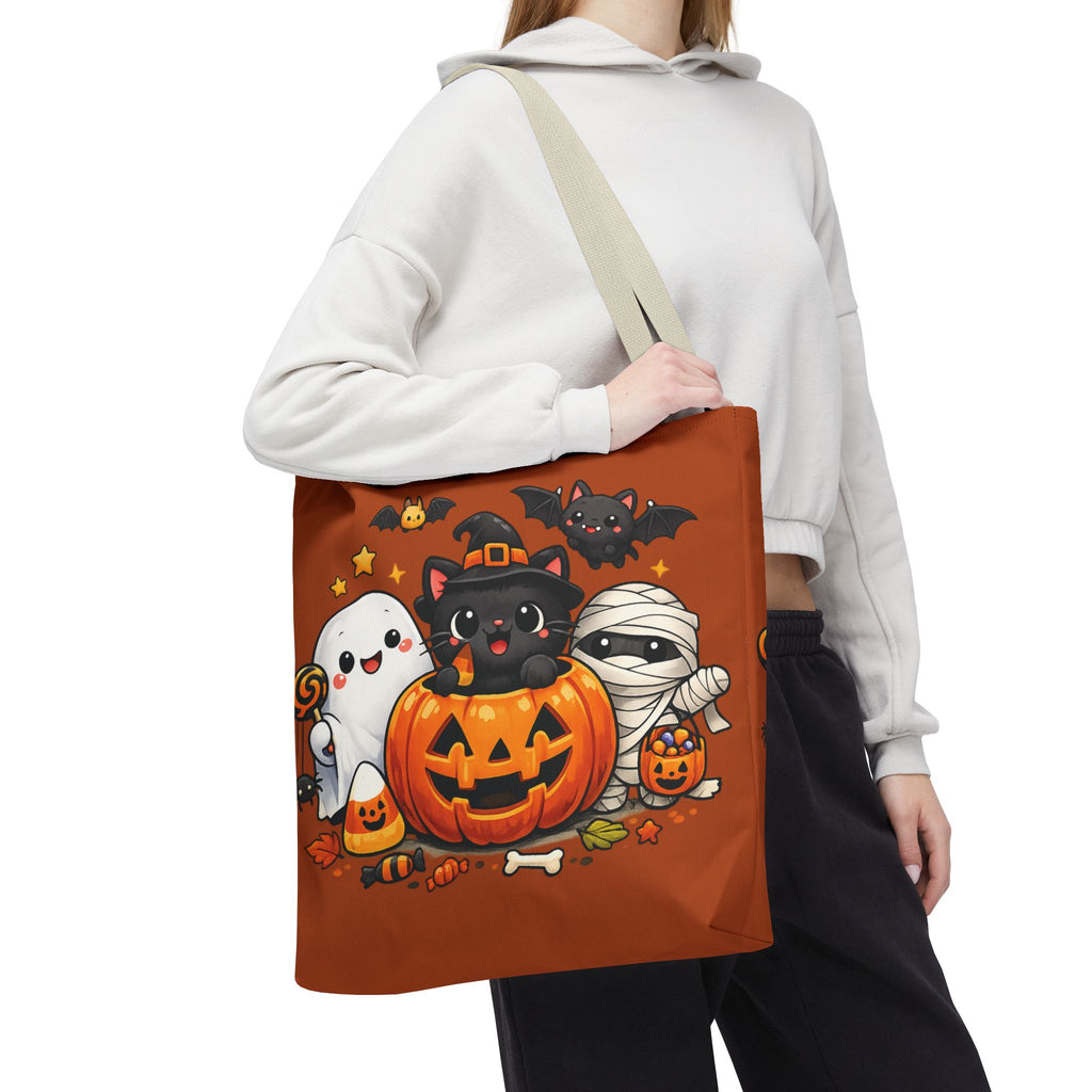 Halloween Cute Cat Pumpkin Tote Bag — Trick-or-Treat Witch Cat & Mummy Design