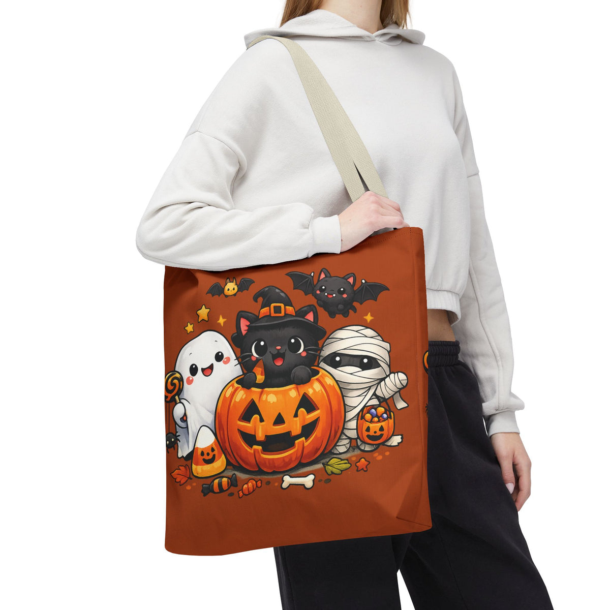 Halloween Cute Cat Pumpkin Tote Bag — Trick-or-Treat Witch Cat & Mummy Design