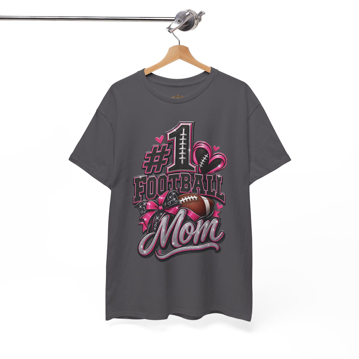 #1 Football Mom T-Shirt — Pink Heart Football Mom Tee for Game Day