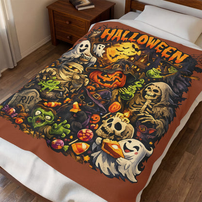 Halloween Velveteen Plush Blanket — Cute Spooky Pumpkin, Ghosts & Skeletons Throw
