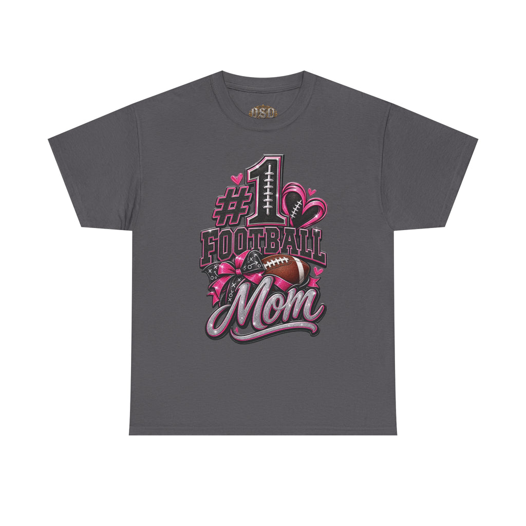 #1 Football Mom T-Shirt — Pink Heart Football Mom Tee for Game Day