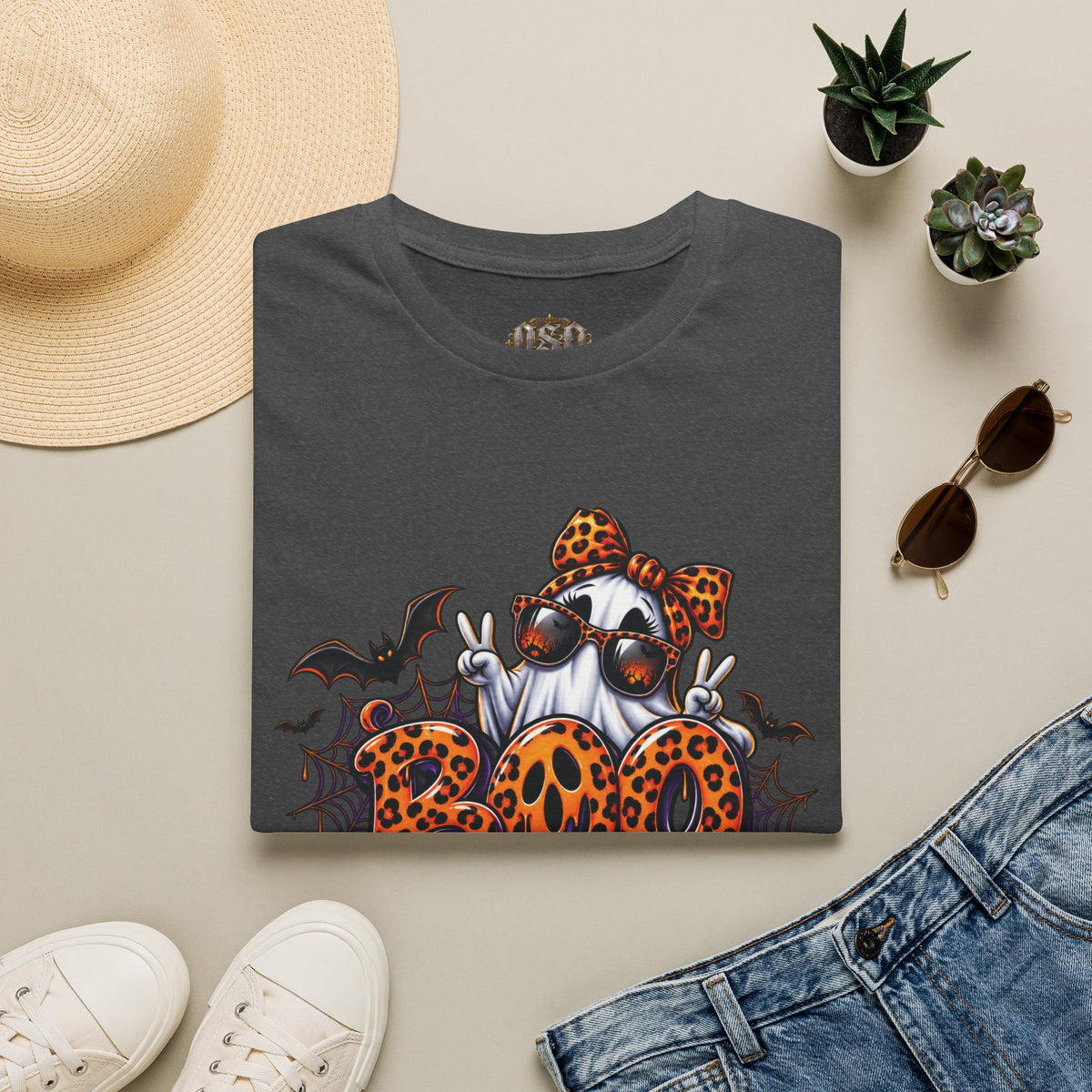 Ghost Boo Leopard Halloween T-Shirt — 'Boo' Graphic Pumpkin Bat Tee