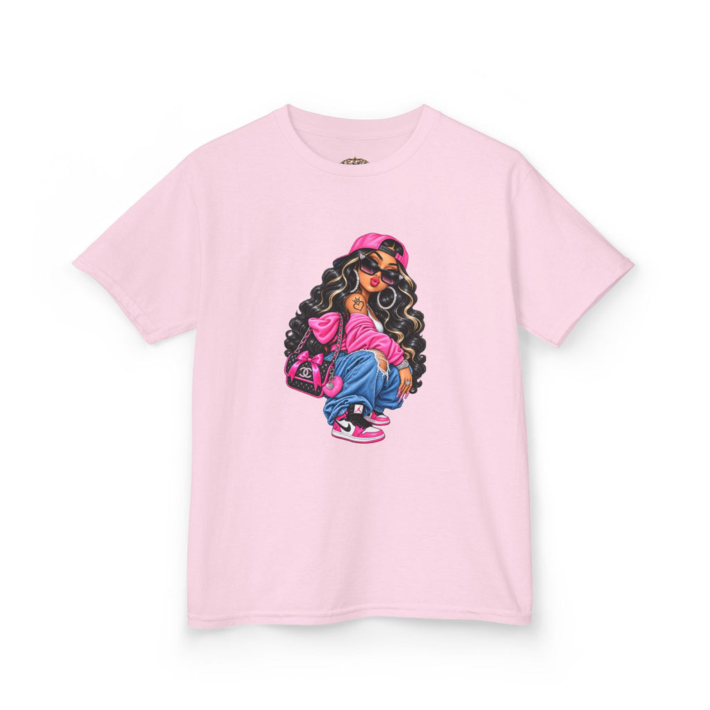 Kids Tee — Cool Girl Graphic Shirt (pink hat, backpack)
