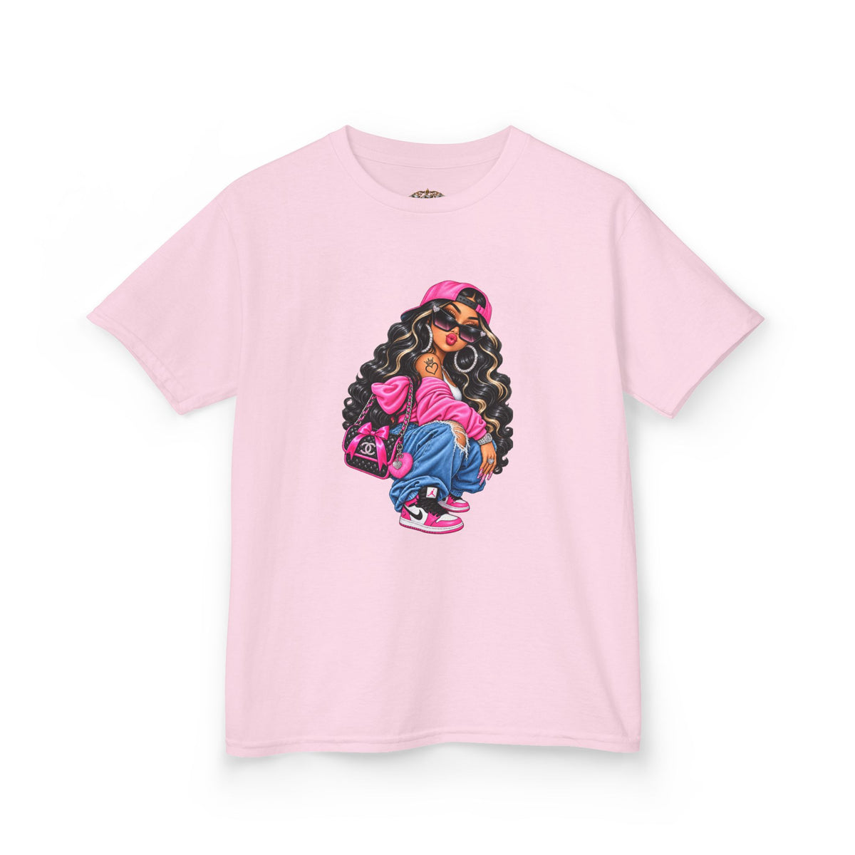 Kids Tee — Cool Girl Graphic Shirt (pink hat, backpack)