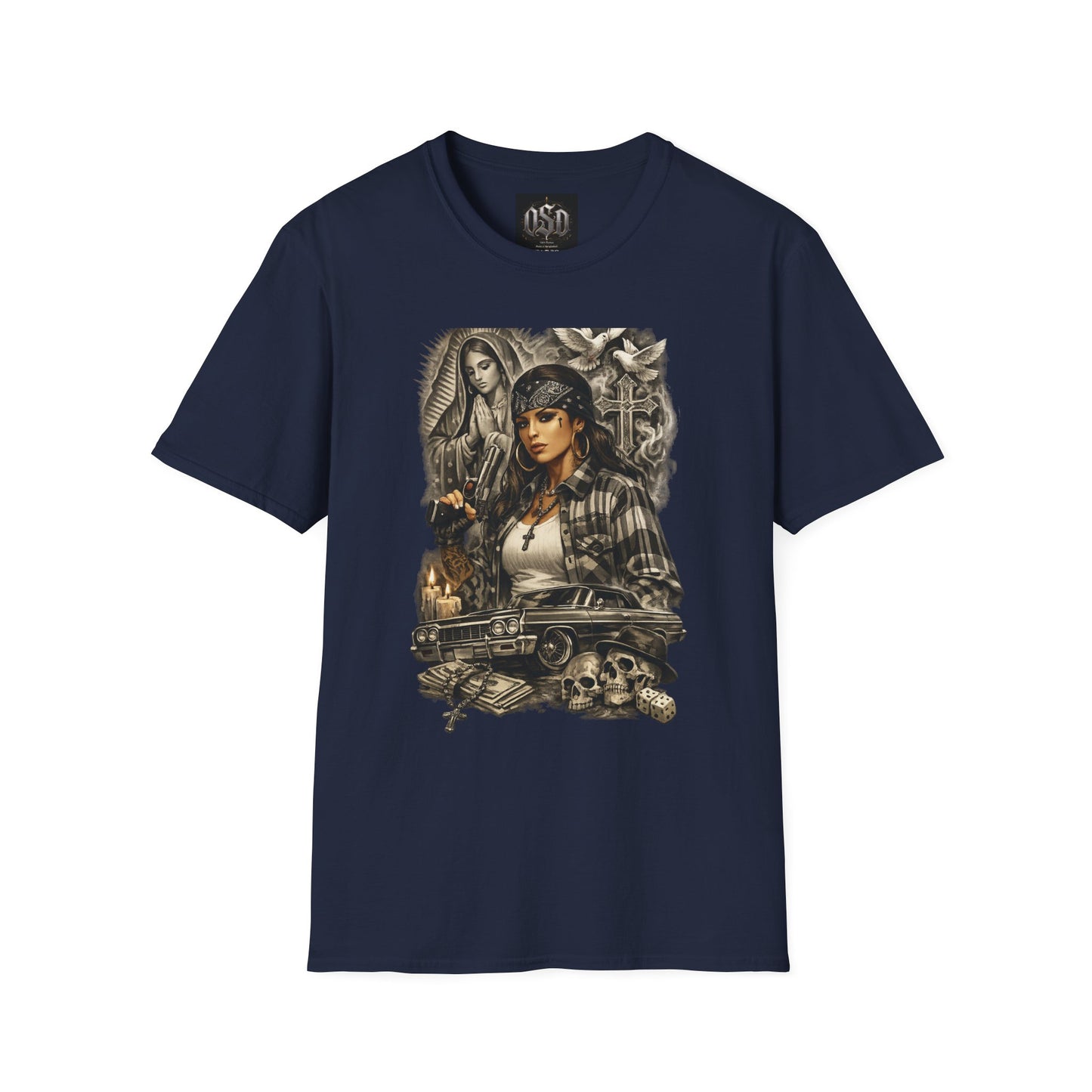 Chicana Lowrider Art T-Shirt – Virgen & Cholo Girl Vintage Streetwear