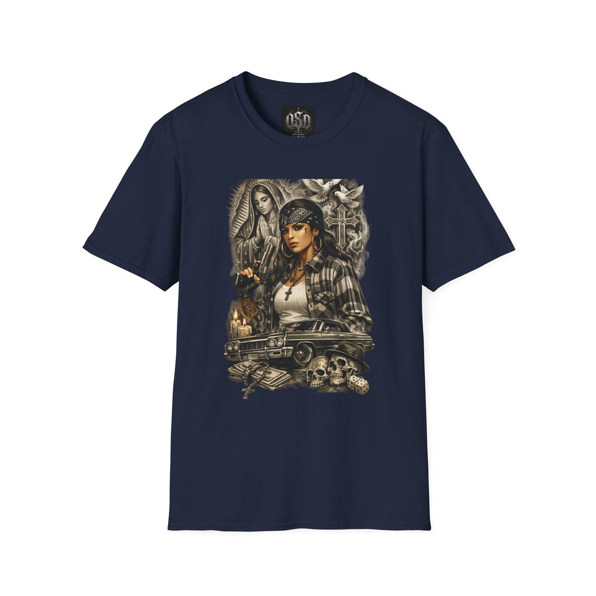 Chicana Lowrider Art T-Shirt – Virgen & Cholo Girl Vintage Streetwear