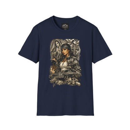 Chicana Lowrider Art T-Shirt – Virgen & Cholo Girl Vintage Streetwear