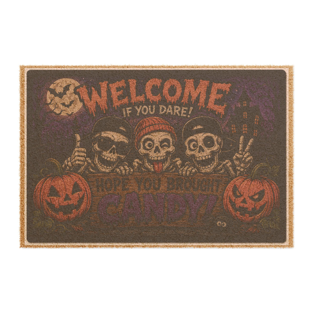 Halloween Skeletons ‘Welcome If You Dare’ Doormat – Spooky Pumpkin Porch Mat