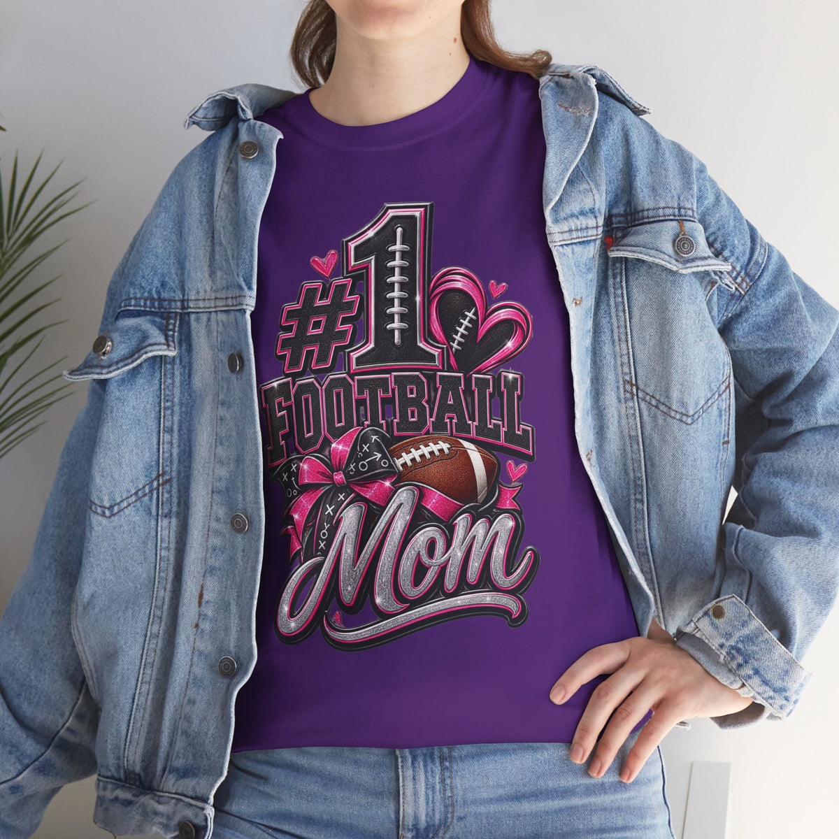 #1 Football Mom T-Shirt — Pink Heart Football Mom Tee for Game Day