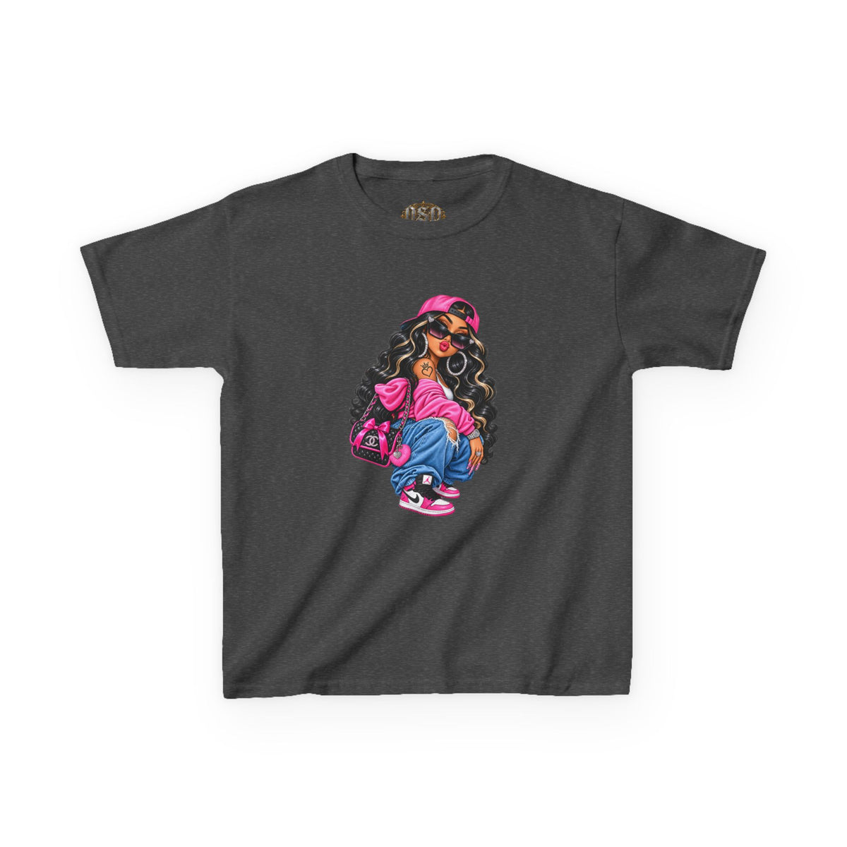 Kids Tee — Cool Girl Graphic Shirt (pink hat, backpack)