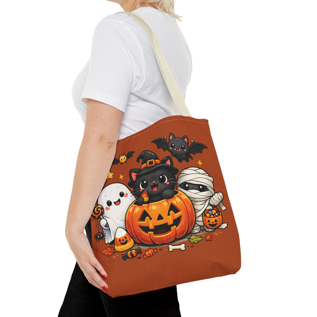 Halloween Cute Cat Pumpkin Tote Bag — Trick-or-Treat Witch Cat & Mummy Design