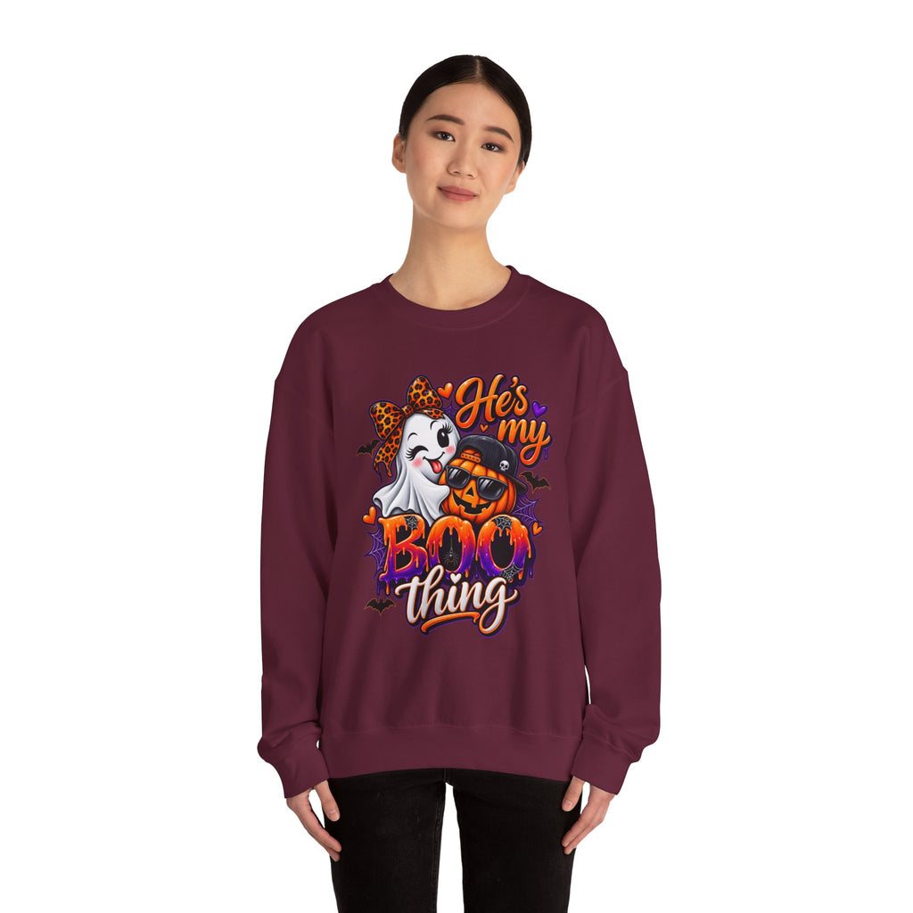 Sweatshirt — "He's My Boo Thing" Halloween Ghost & Jack-O'-Lantern Crewneck