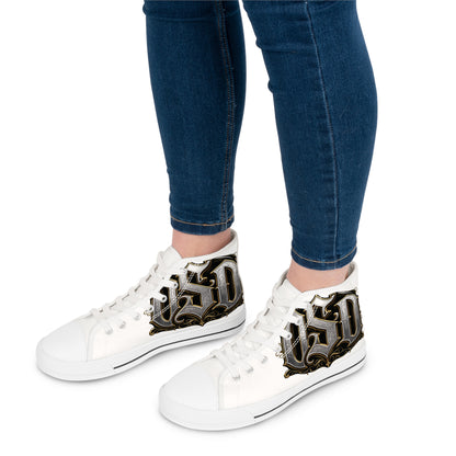 Women's High Top Sneakers — Gothic Monogram Black & Gold Vintage Initials