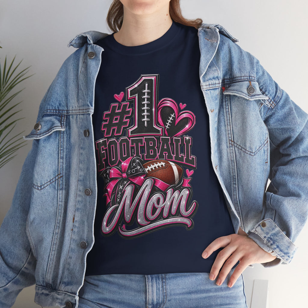 #1 Football Mom T-Shirt — Pink Heart Football Mom Tee for Game Day