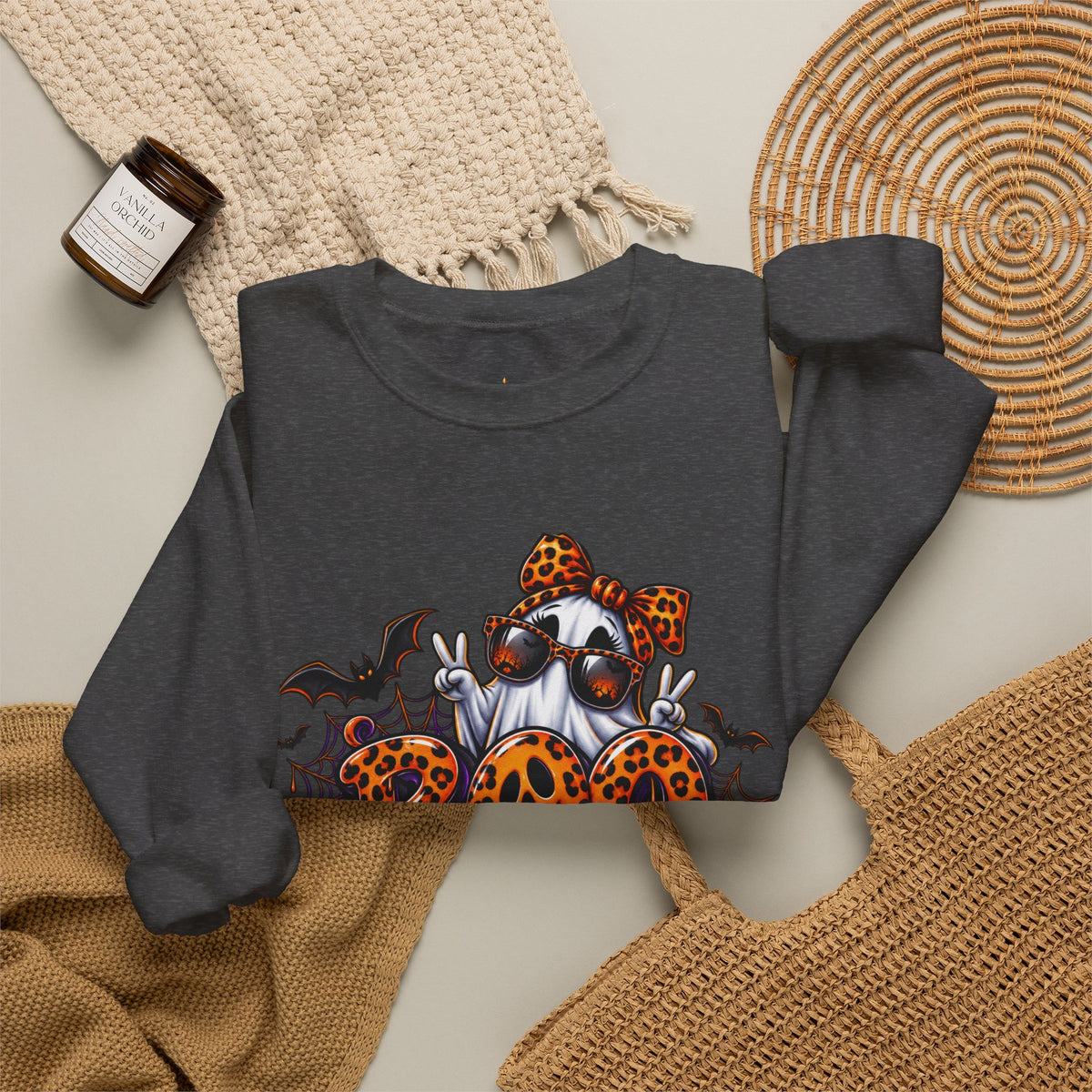 Halloween Ghost Crewneck Sweatshirt — 'Boo Jee' Leopard Pumpkin Graphic