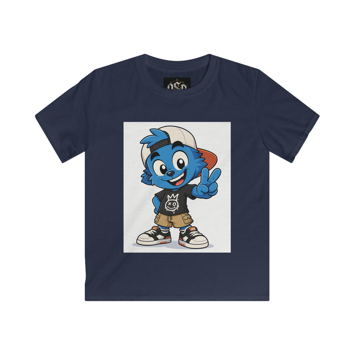 Kids Tee — Blue Cartoon Character Peace Sign Graphic Shirt