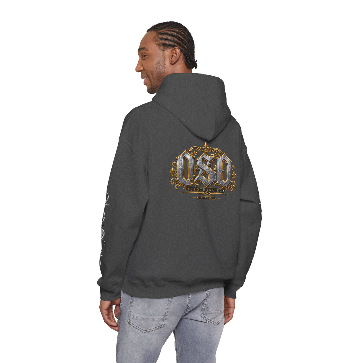 Hoodie — Ornate Gothic "OSD" Logo Sleeve & Back Streetwear Hoodie