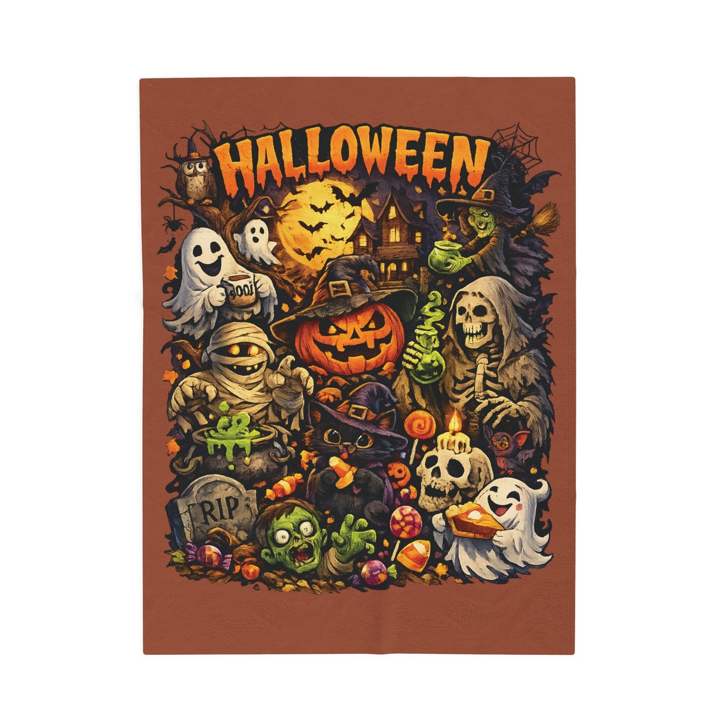 Halloween Velveteen Plush Blanket — Cute Spooky Pumpkin, Ghosts & Skeletons Throw