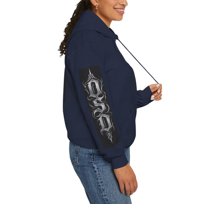 Graphic Hoodie — Gothic "OSD" Logo Pullover with Sleeve Panels