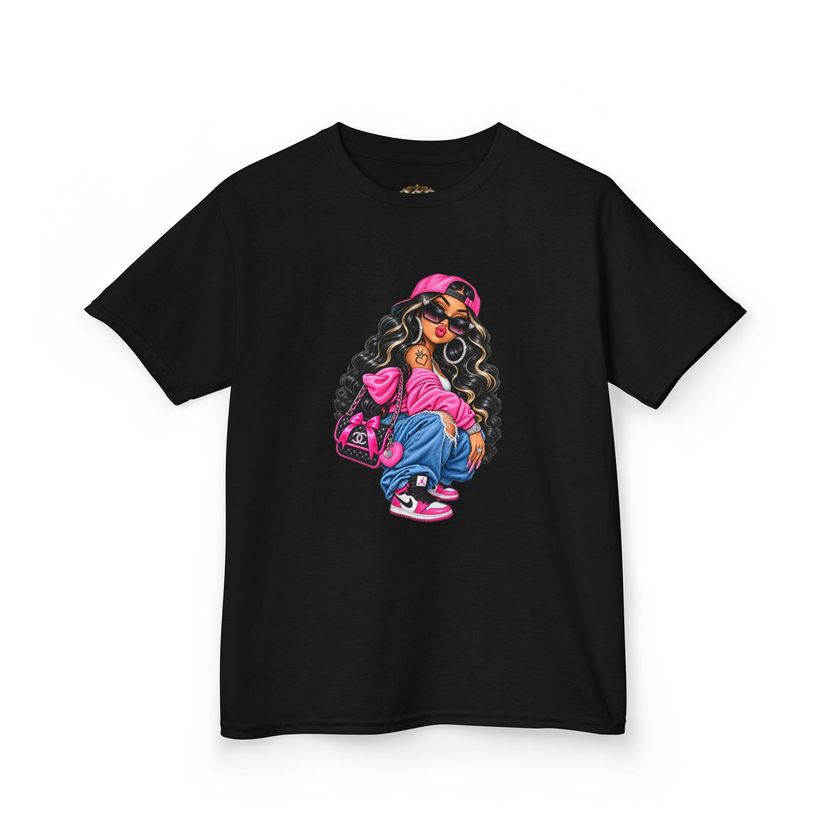 Kids Tee — Cool Girl Graphic Shirt (pink hat, backpack)