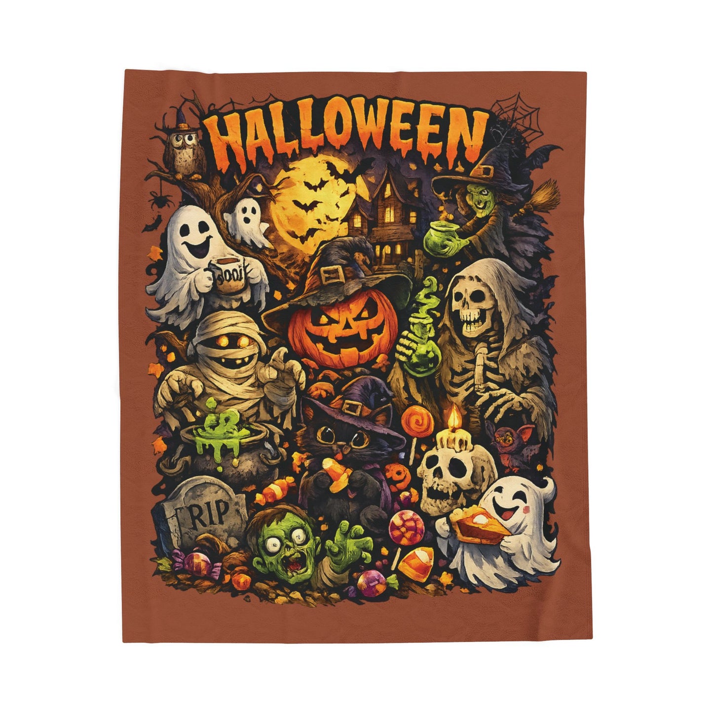 Halloween Velveteen Plush Blanket — Cute Spooky Pumpkin, Ghosts & Skeletons Throw