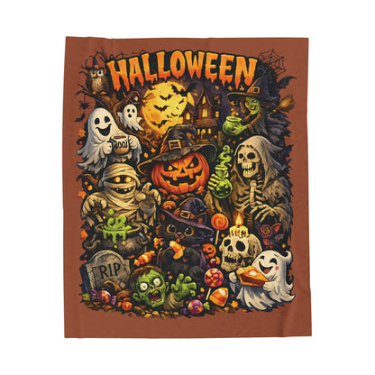 Halloween Velveteen Plush Blanket — Cute Spooky Pumpkin, Ghosts & Skeletons Throw