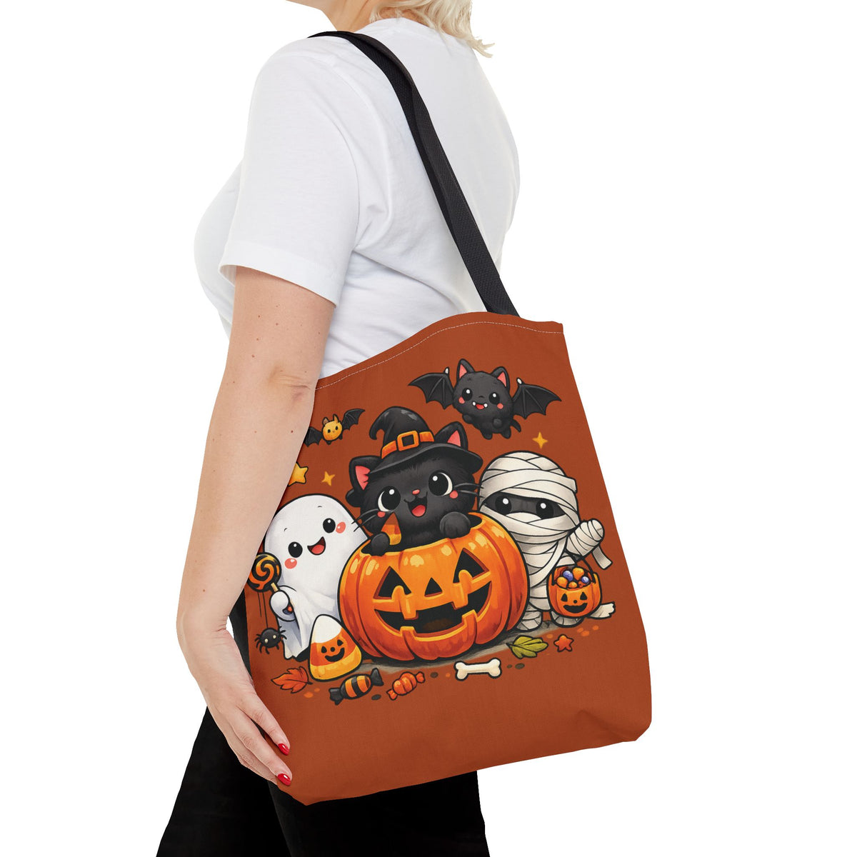 Halloween Cute Cat Pumpkin Tote Bag — Trick-or-Treat Witch Cat & Mummy Design