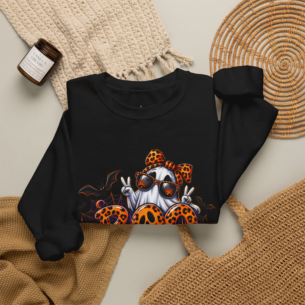 Halloween Ghost Crewneck Sweatshirt — 'Boo Jee' Leopard Pumpkin Graphic