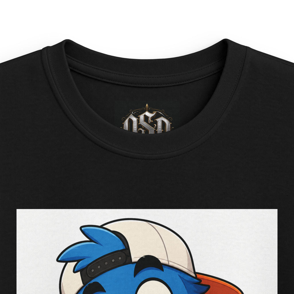 Kids Tee — Blue Cartoon Character Peace Sign Graphic Shirt