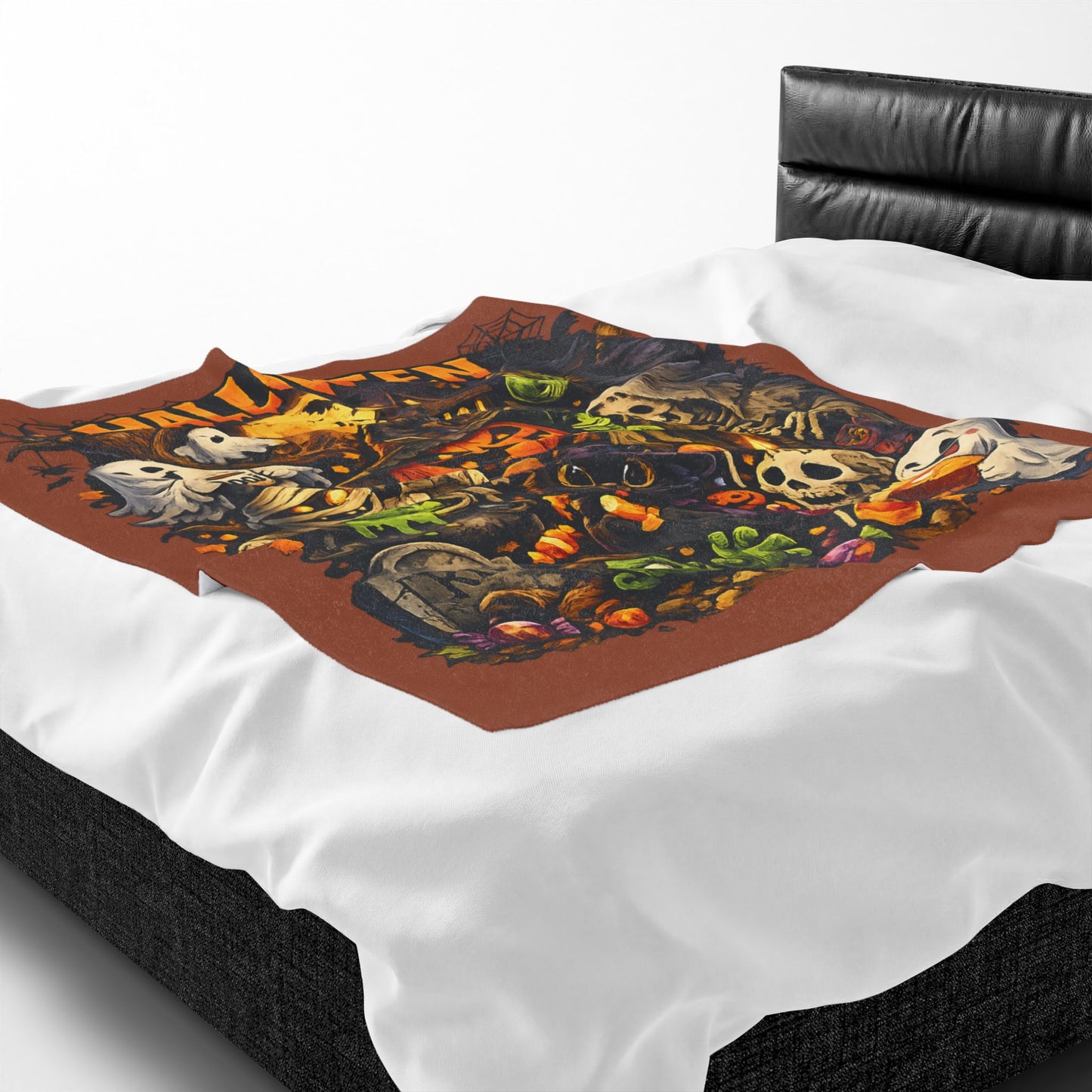 Halloween Velveteen Plush Blanket — Cute Spooky Pumpkin, Ghosts & Skeletons Throw