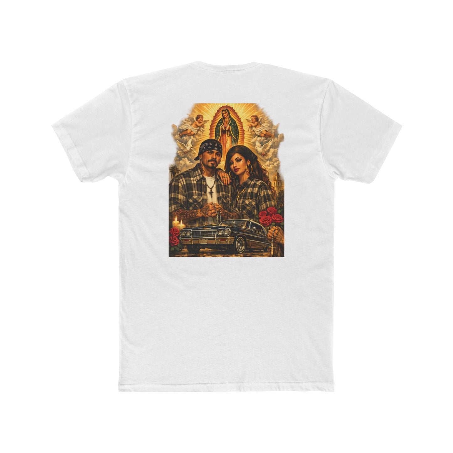 Lowrider Couple Graphic Tee with Virgen de Guadalupe Vintage Prayer Design