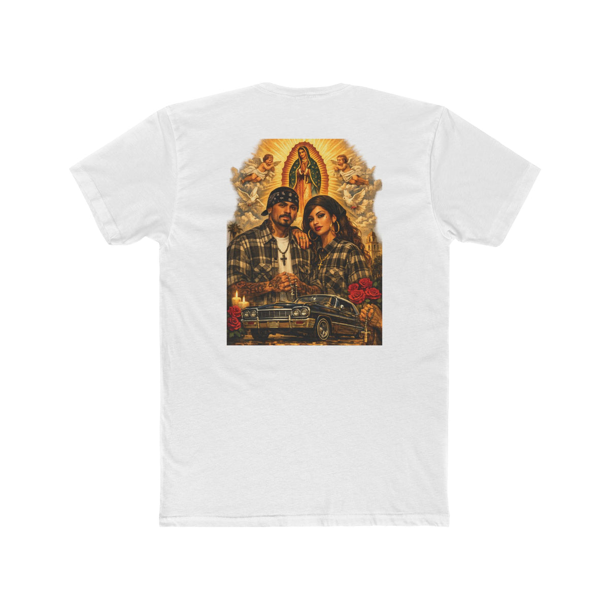 Lowrider Couple Graphic Tee with Virgen de Guadalupe Vintage Prayer Design