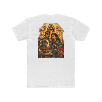 Lowrider Couple Graphic Tee with Virgen de Guadalupe Vintage Prayer Design