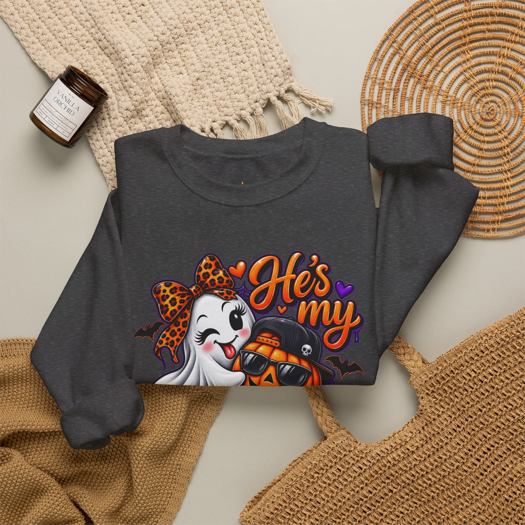 Sweatshirt — "He's My Boo Thing" Halloween Ghost & Jack-O'-Lantern Crewneck