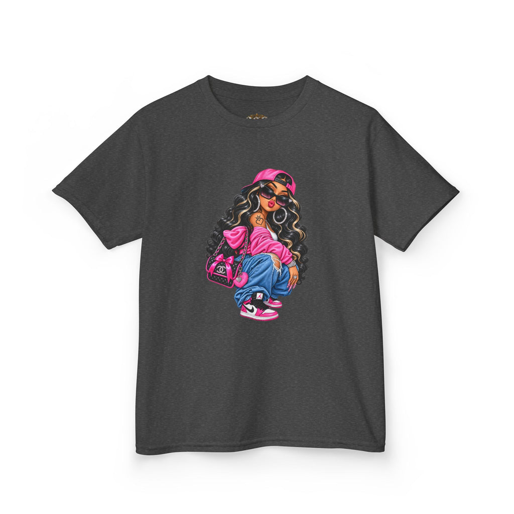 Kids Tee — Cool Girl Graphic Shirt (pink hat, backpack)