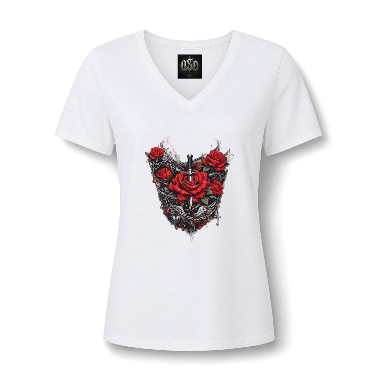 Women’s V-Neck Tee — Gothic Rose Dagger Heart Graphic