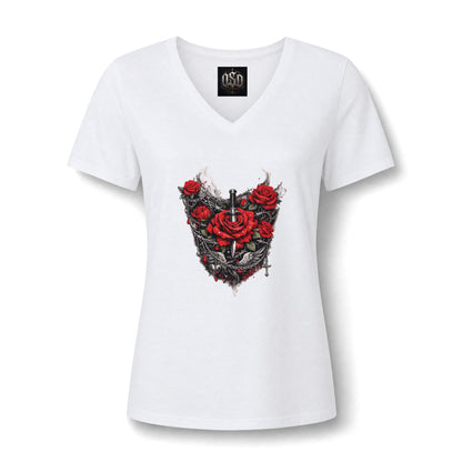 Women’s V-Neck Tee — Gothic Rose Dagger Heart Graphic