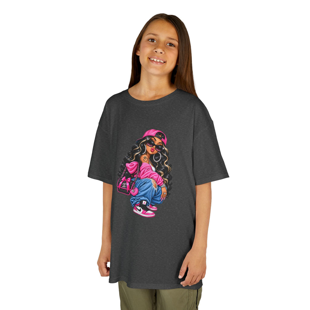 Kids Tee — Cool Girl Graphic Shirt (pink hat, backpack)