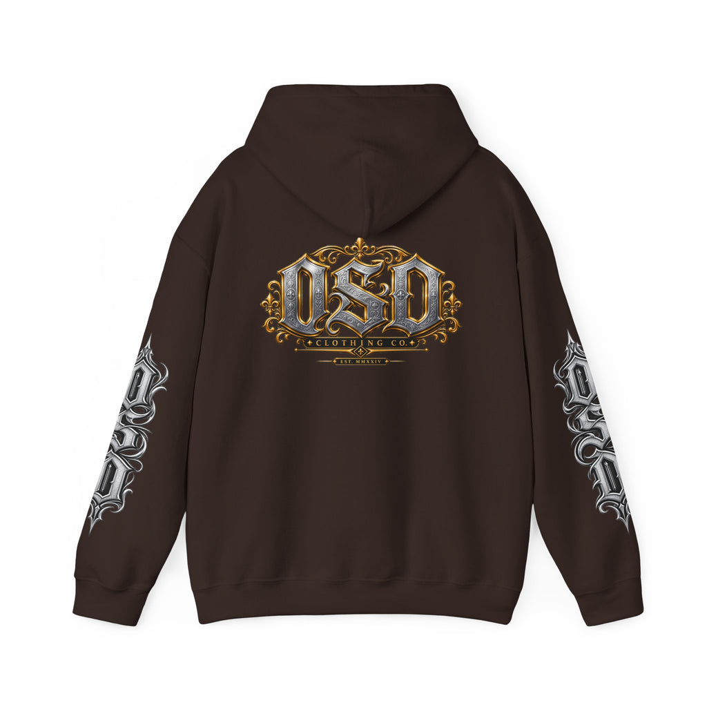 Hoodie — Ornate Gothic "OSD" Logo Sleeve & Back Streetwear Hoodie
