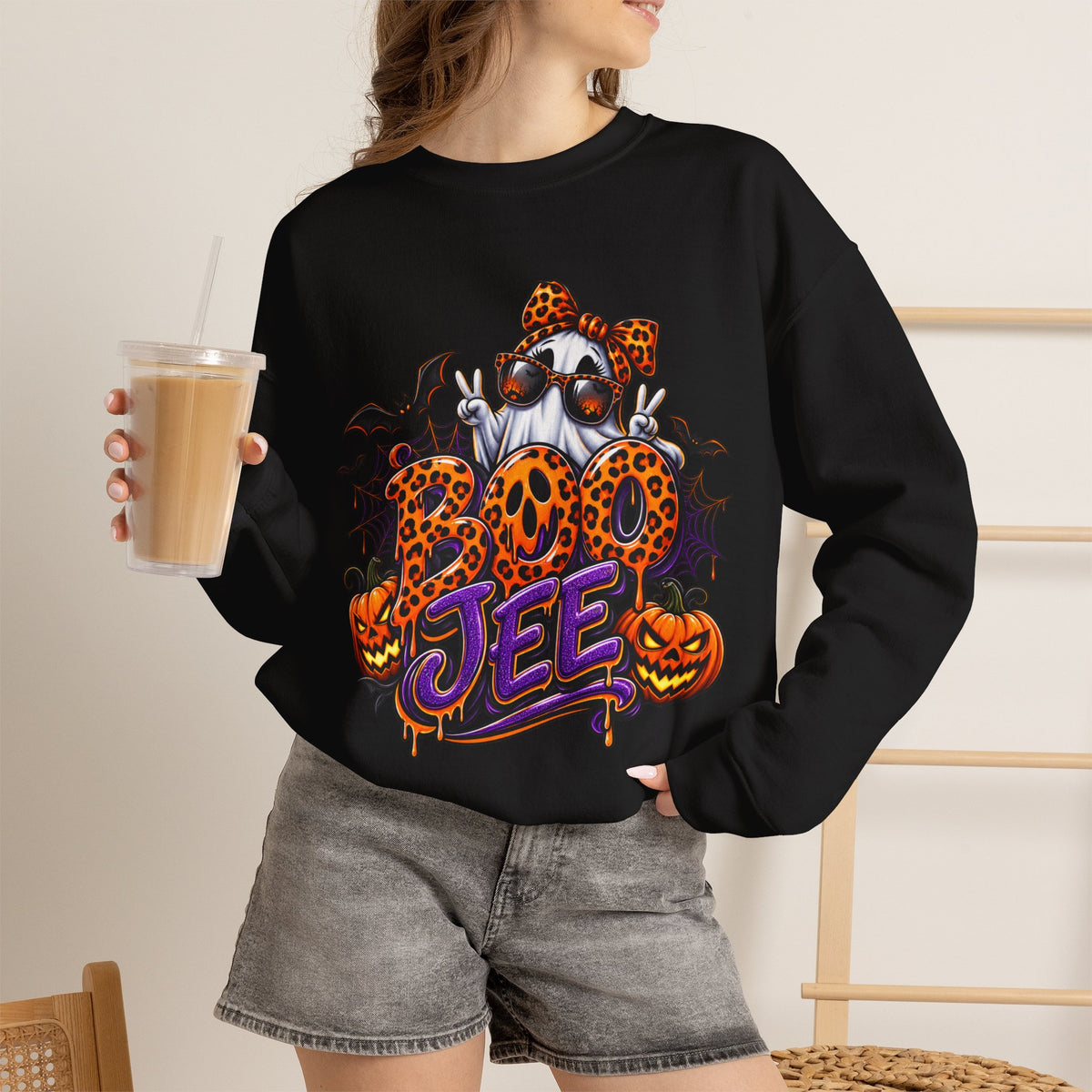 Halloween Ghost Crewneck Sweatshirt — 'Boo Jee' Leopard Pumpkin Graphic