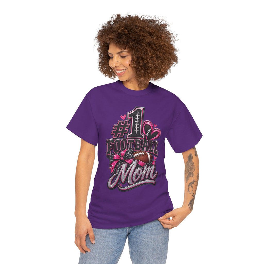 #1 Football Mom T-Shirt — Pink Heart Football Mom Tee for Game Day