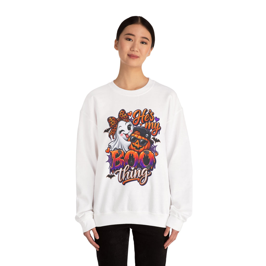 Sweatshirt — "He's My Boo Thing" Halloween Ghost & Jack-O'-Lantern Crewneck