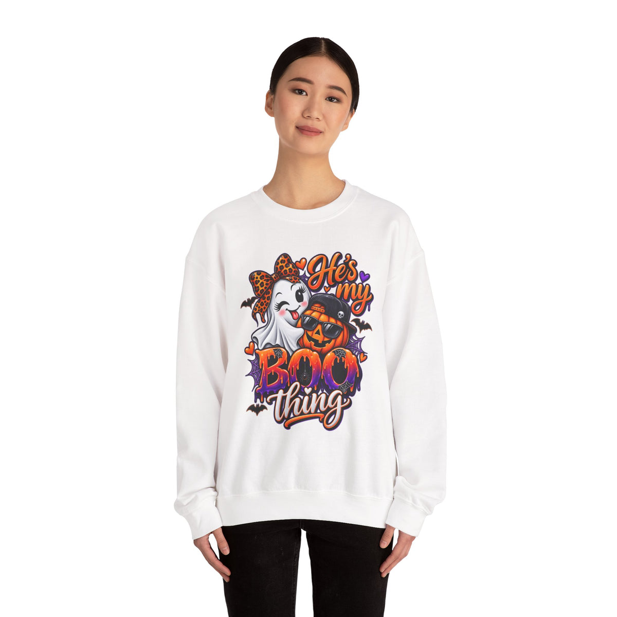 Sweatshirt — "He's My Boo Thing" Halloween Ghost & Jack-O'-Lantern Crewneck