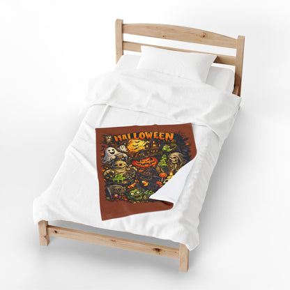 Halloween Velveteen Plush Blanket — Cute Spooky Pumpkin, Ghosts & Skeletons Throw
